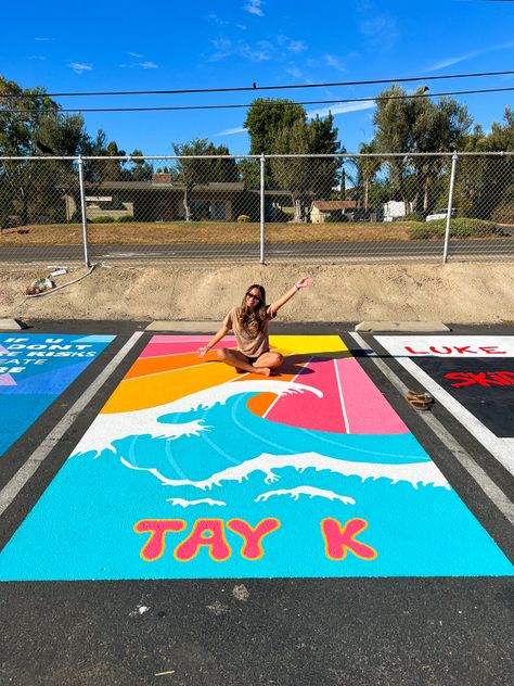 Cute Parking Spot Painting Ideas, Senior Parking Spaces Funny, Highschool Parking Spot Ideas, Painted Parking Spaces Ideas, Senior Year Planning, Parking Lot Painting, Girl Graduation Party, Senior Year Things, Senior Year Fun