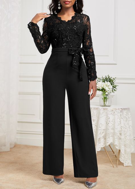 ROTITA Lace Black Belted Long V Neck Jumpsuit | Rotita.com - USD $41.98 Jumpsuit For Fall Wedding Guest, Black Pants Outfit Party Night Out, Black Cocktail Outfits For Women, Award Ceremony Outfit For Women, After Five Attire For Women Party, Womens Formal Outfits, Semi Formal Pants Outfit For Women, Plus Size Jumpsuit Formal, Dressy Pants Outfits For Wedding