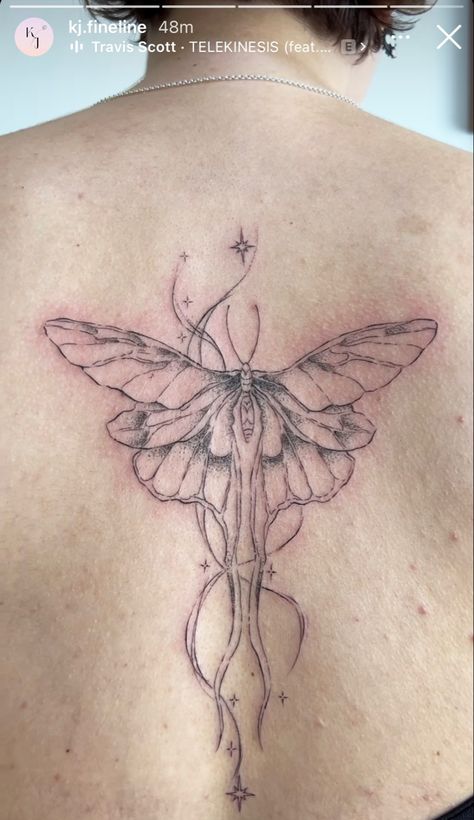 lunar moth tattoo fine line stars Moving Moth Tattoo, Bug Spine Tattoos, Insect Spine Tattoo, Earthy Tattoos Men, Whimsical Moth Tattoo, Lunar Moth Tattoos, Moth Spine Tattoo, Dragonfly Tattoo Chest, Moth Tramp Stamp