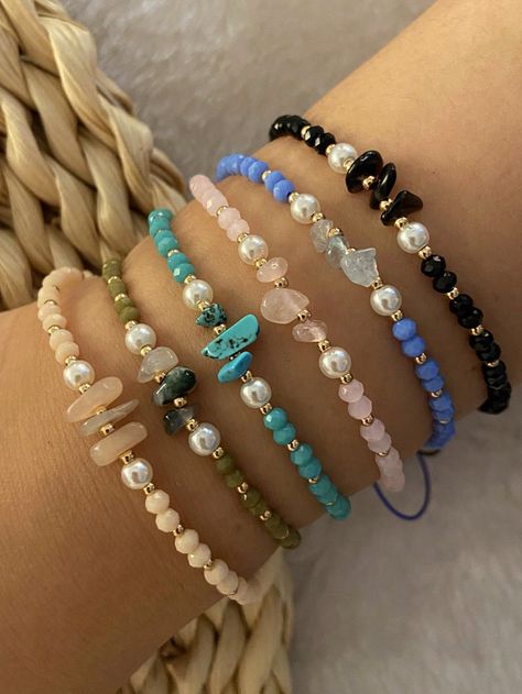 Black,Blue,Champagne,Pink,Lake Blue,Dark Green  Collar  Natural Crystal   Embellished   Women Fashion Jewelry Green Crystal Beaded Bracelets, Beaded Crystal Bracelets, Stone Bead Bracelets, Wrist Stack, Blue Champagne, Pink Lake, Champagne Pink, Trending Bracelets, Beads Bracelet Design