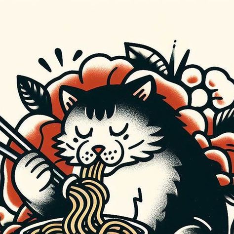 Cat Eating Ramen Traditional Tattoo American Traditional Cat, Traditional Cat Tattoo, Cat Eating Ramen, Random Tattoos, Food Tattoos, Eating Ramen, Cat Eating, Ink Inspiration, Old School Tattoo Designs