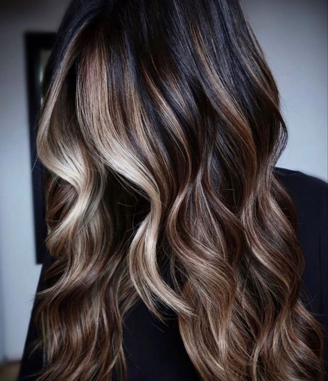 High Contrast Dimensional Brunette, Brown Hair With Bright Highlights, Nanowrimo 2023, Brown Blonde Balayage, Ombre Hair Color For Brunettes, Blonde Money Piece, Aarti Singh, Hair Formula, Beige Highlights