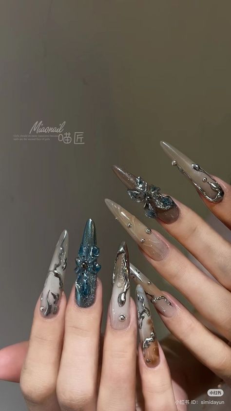 Chrome Nails Y2k, Gel Nails Chrome, 3d Gel Nails, Nails 3d Gel, Long Nails Design, Nail Y2k, Flash Nails, Jelly Stickers, Nails Floral