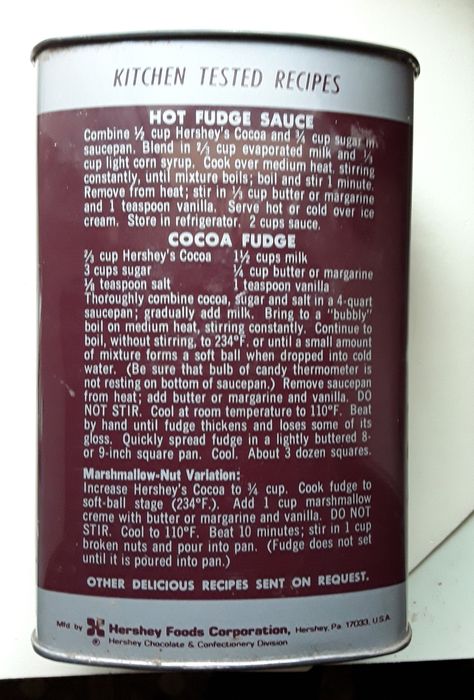 This is the back of Hershey's metal cocoa can. Hersheys Hot Fudge Sauce Recipe, Hershey’s Cocoa Fudge, Hersheys Fudge Recipe, Hersheys Cocoa Fudge Recipe, Hersheys Chocolate Fudge, Hershey Cocoa Fudge Recipe, Hersheys Cocoa Recipes, Vintage Candy Recipes, Hershey Cocoa Powder Recipes