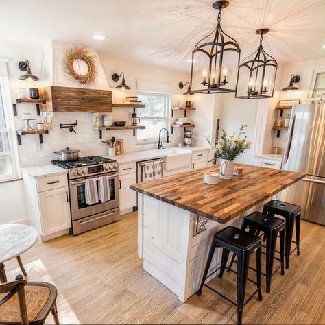 Black Refrigerator Kitchen Farmhouse, White Kitchen Black And Wood Accents, Farmhouse Kitchen New Build, Black Accent Farmhouse, White And Black Country Kitchen, Black White Wood House Decor, Farmhouse Kitchen Black Appliances, White And Black Kitchen With Wood, Black White Brown Home Interior