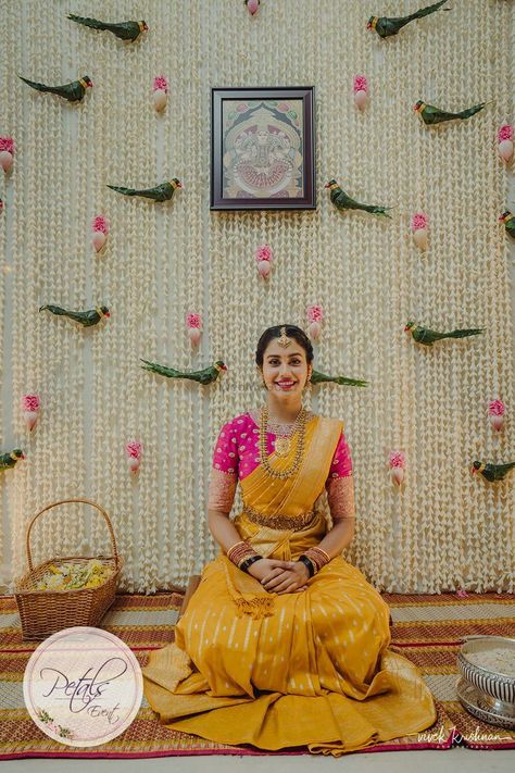 Haldi Saree Look For Bride, South Indian Haldi Outfit, Haldi Theme Decoration, Pellikuturu Decoration, South Indian Wedding Outfits, Wedmegood South, Haldi Accessories, Engagement Decorations At Home, Haldi Decoration Ideas