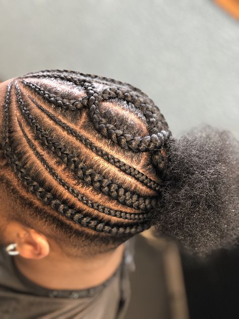 Men’s Braided Ponytail, Men Braids With Bun, Men Braided Bun, Man Bun With Braids, Man Bun Braids Black Men, Man Bun Braids, Cornrows For Boys, Braids With Fade, Braided Man Bun