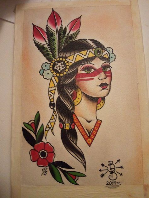 Native American Tattoo Flash, Indian Girl Tattoos, Native American Tattoo Designs, Native American Tattoo, Native American Tattoos, Traditional Tattoo Sleeve, Indian Tattoo, American Tattoos, Traditional Tattoo Art