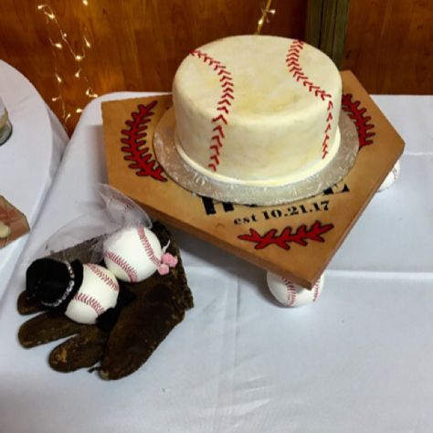 Baseball theme grooms cake. Baseball home plate cake stand Baseball Wedding Cake, Atlanta Braves Cake, Grooms Cake Baseball Theme, Baseball Sheet Cake Ideas, Baseball Grooms Cake, 2 Tier Baseball Cake, Baseball Themed Cookie Cake, Baseball Wedding Cakes, Brave Cakes