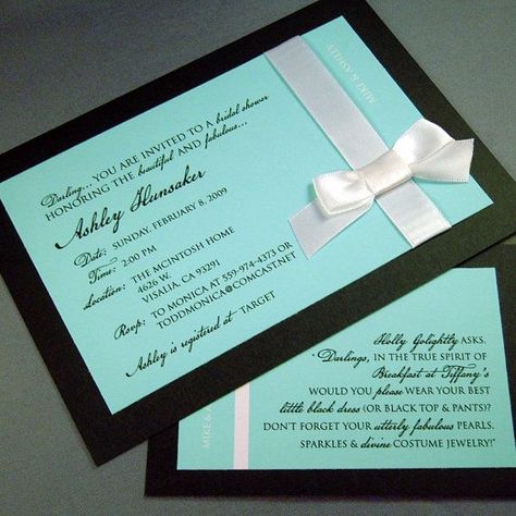 Tiffany Invitations, Blue And Black Wedding, Tiffany Blue Bridal Shower, Tiffany Blue Party, Tiffany Themed Bridal Shower, Tiffany Theme, Tiffany Bridal Shower, Tiffany's Bridal, Tiffany Party