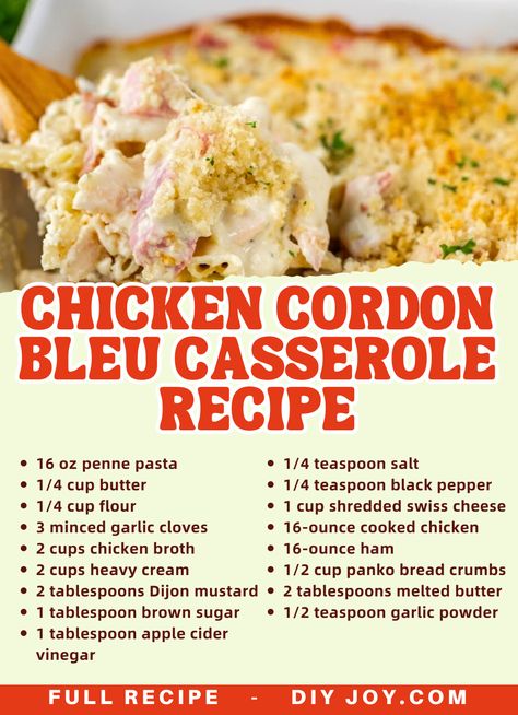 This chicken cordon bleu casserole is a dish that will surely impress your guests! It's fully loaded with ham, chicken, cheese, and pasta. Easy Chicken Cordon Bleu Casserole, Freezer Stock, Chicken Cordon Bleu Casserole Recipe, The Stay At Home Chef, Cordon Bleu Casserole, Dinner Casserole Recipes, Chicken Cordon Bleu Casserole, Stay At Home Chef, Chicken Penne