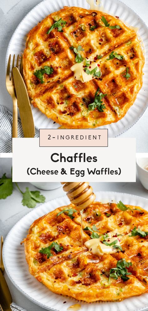 Amazing low carb cheese and egg waffles, or "chaffles," made with two base ingredients. This easy recipe for chaffles takes just 15 minutes to make and is gluten free, vegetarian, keto-friendly and packed with protein! Enjoy chaffles for a delicious breakfast or brunch with your fav toppings and sides. #chaffles #waffles #eggs #healthybreakfast #healthybrunch #lowcarb #glutenfree #keto Waffle Iron Egg Recipes, Cheese Egg Waffle, Healthy Waffle Maker Ideas, Waffle Maker Eggs, Waffle Omelette Recipe, Savoury Waffles Breakfast, Mediterranean Waffles, Recipes For Dash Mini Waffle Maker, Healthy Waffle Toppings