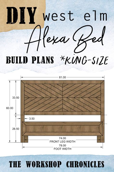 Build your own West Elm inspired bed frame based on the Alexa bed and chevron style headboard with these build plans #westelm #alexabed #diybed Diy Headboard Footboard Ideas, Diy Bedroom Furniture Ideas, King Bedframe Ideas Diy, Diy King Bed Frame Plans, Diy King Size Bed Frame Plans, King Bedframe Ideas, King Bed Frame Plans, Diy Chevron Headboard, Diy Wood Bedframe