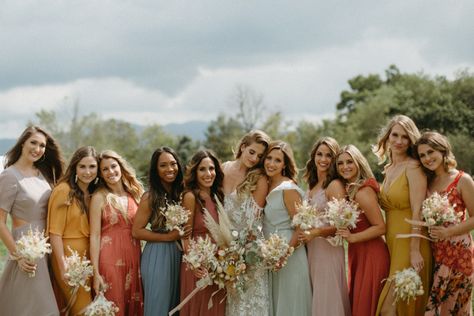 Mismatched Boho Bridesmaid Dresses, Mismatched Color Bridesmaid Dresses, Boho Bridal Party Attire, Mountain Bridesmaid Dresses, Mountain Wedding Bridesmaid Dresses, Whimsical Fall Wedding, Sunset Colours, Bridal Party Attire, Bridesmaid Dresses Boho