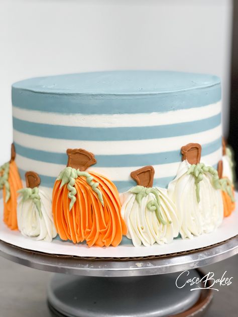 CAKES ARE FOR LOCAL PICK UP ONLY, CAKES CAN NOT BE SHIPPED. Enjoy our striped Pumpkin cake. 3 Layers filled with in house fresh buttercream and adorned with Buttercream pumpkin accents. 5" Feeds 8-10, 9" feeds 20-22 Sport Cupcakes, Boys First Birthday Cake, Character Cupcakes, Pumpkin 1st Birthdays, Thanksgiving Cakes, School Cake, 4th Of July Cake, Cookie Cake Birthday, Baby Shower Cakes For Boys