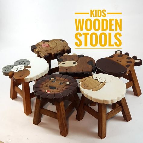 Kids Wooden Stools step Toddler Chair Solid Timber Hand Carved Furniture Painted Bar Stools, Diy Bar Stools, Acrylic Bar Stools, Stool Makeover, Rustic Bar Stools, Mango Trees, Painted Stools, Kitchen Step Stool, Rattan Stool