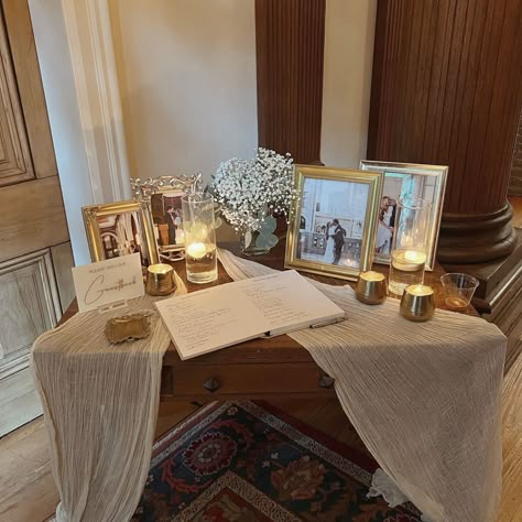 Welcome Book Table, Welcome Table Bridal Shower, Welcome Table Engagement Party, Card Table At Wedding, Sign In Table Wedding Ideas, Welcome Table With Pictures, Photo Display Table Wedding, Engagement Party Photo Table, Guest Book Display Table