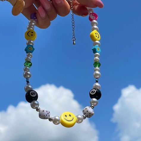 777 Necklace, Accessories Preppy, Smiley Face Beads, Ethereal Jewelry, Beads Clay, Dope Jewelry Accessories, Preppy Jewelry, Y2k Necklace, Indie Jewelry