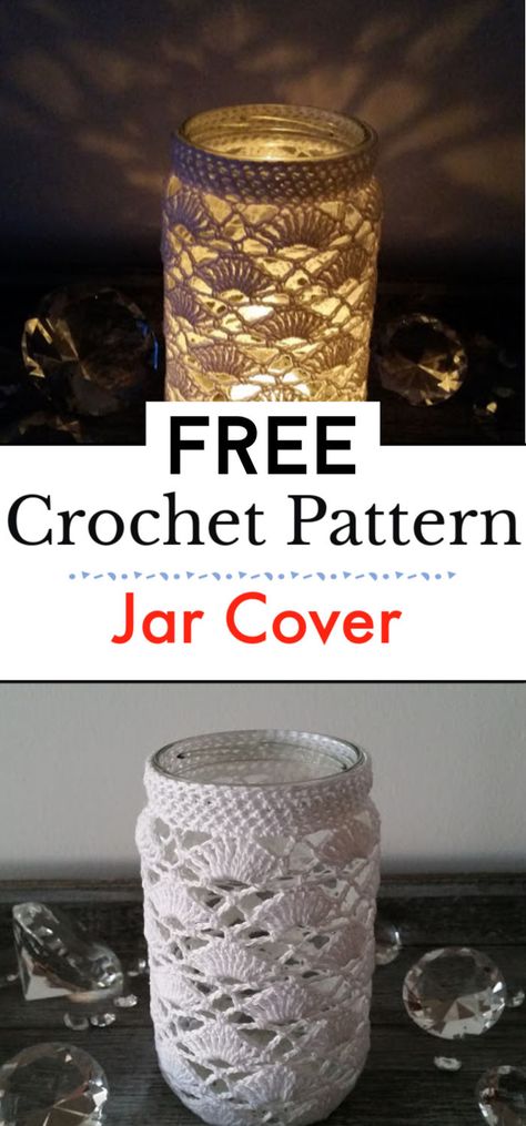 Crochet Glass Cover Free Pattern, Crochet Glass Jar Cover, Crochet Jam Jar Covers, Crochet Covers For Mason Jars, Mason Jar Cozy Crochet Pattern, Crochet Candle Holder Pattern Free, Crochet Vase Holder, Crochet Mason Jar Cozy Pattern Free, Crochet Lamp Cover