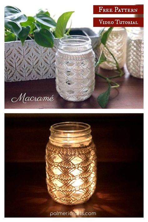 Macramé Mason Jar Cover Free Knitting Pattern and Video Tutorial Mason Jar Cozy, Mason Jar Drinks, Cozy Candles, How To Start Knitting, Drinking Glass, Free Knitting Pattern, Cozy Knits, Free Knitting, Knitting Patterns Free