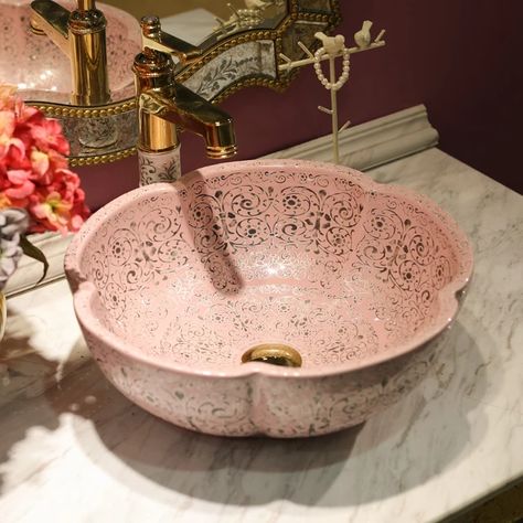 Chinese Bathroom, Pink Sink, Bathroom Vessel Sinks, Aladdin Art, Farmhouse Bathroom Sink, White Vessel Sink, Ceramic Bathroom Sink, Basin Sink Bathroom, Sink Countertop