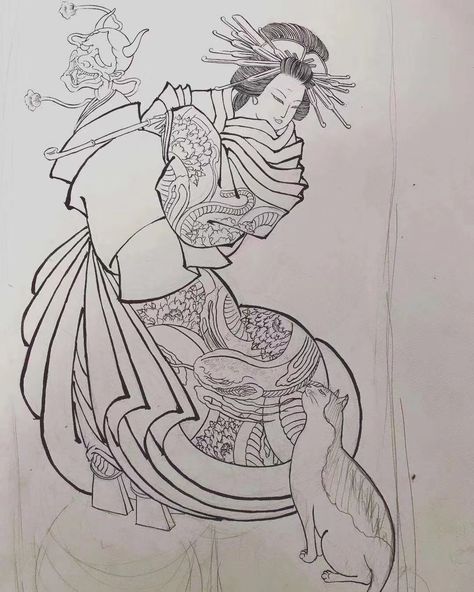 Ukiyoe Tattoo, Japanese Geisha Drawing, Japanese Mask Tattoo, Geisha Tattoo, Japan Tattoo Design, Japanese Dragon Tattoos, Geisha Art, Japanese Drawings, Irezumi Tattoos