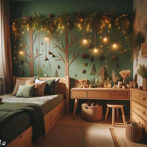 Image Creator Magical Home Interior, Forest Bedroom Kids Boys, Forest Inspired Kids Room, Meadow Themed Bedroom, Forest Themed Kids Bedroom, Forest Theme Kids Bedroom, Forest Bedroom Ideas Kids, Nature Theme Playroom, Fairy Cottage Core Nursery