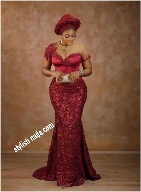 Wine Red Lace Asoebi Styles, Burgundy Lace Asoebi Styles, Maroon Lace Asoebi Styles, Asobi Lace Styles 2023, Lastest Style For Lace Gown 2023, Wine And Gold Asoebi Lace Styles, Cord Lace Styles For Ladies 2023, Asoebi Lace Styles Classy 2023, Lace Gown For Ladies