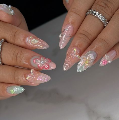 𓆤 the fairycore combo 🦋 custom design on Medium Almond Gelx 🧚🏻 #nailinspo #naildesign #fairycorenails #gardennails #nailart #3dflowernails Fairy Nails Designs, Fairycore Nails, Fairy Nails, 3d Flower Nails, Medium Almond, 3d Nails, Nails Designs, Flower Nails, Fairy Core