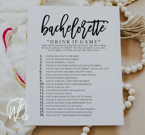 Bachelorette Drink If Game PRINTABLE GAME Instant Download for Bachelorette Party PDF File - Etsy UK Bachelorette Drink If Game, Bachelorette Trip Activities, Bachelorette Party Activities At Home, Bachelorette Games For Small Group, Bachelorette Party Nails The Bride, At Home Bachelorette Party Ideas, Drink If Bachelorette Game, Simple Bachelorette Party Ideas, Bachelorette Game Ideas