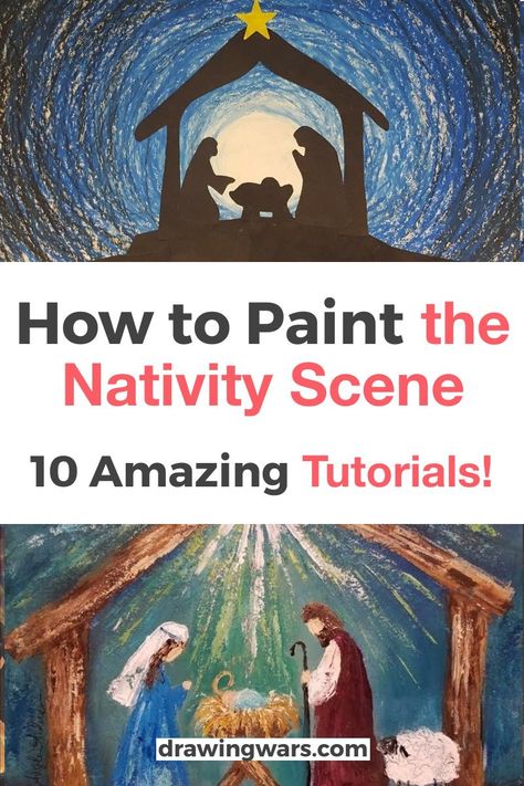 How To Paint A Simple Nativity Scene, Christmas Scenes To Paint Easy, How To Paint A Nativity Scene Step By Step, Painting Of Nativity Scene, Nativity Canvas Painting For Kids, Painting A Nativity Scene, Christmas Winter Scene Painting, Chalkboard Nativity Scene, Nativity On Canvas