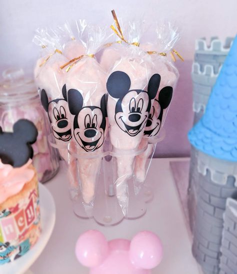 Disneyland Birthday  | CatchMyParty.com Disneyland 2nd Birthday Theme, Disney Theme Party Favors, Disneyland Cotton Candy, Disney Main Street Birthday Party, Disneyland Theme Dessert Table, Disney Park Birthday Party, Disney Pastel Birthday, Vintage Disneyland First Birthday, Vintage Disney World Birthday Party