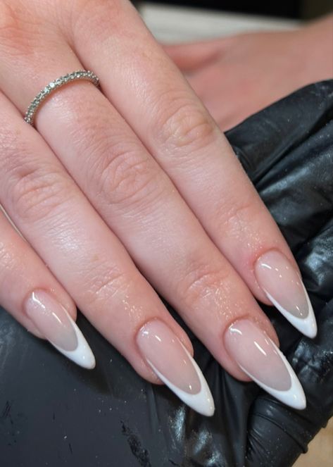 Almond French Tip nails Almond Fenech Tip, Medium Oval French Tip Nails, U French Tip Nails, Slim French Tip Nails Almond, French Neutral Nails, Homecoming Nails Almond Shape, French Tip 1.5, Sharp Almond French Tip, Long French Tips Almond