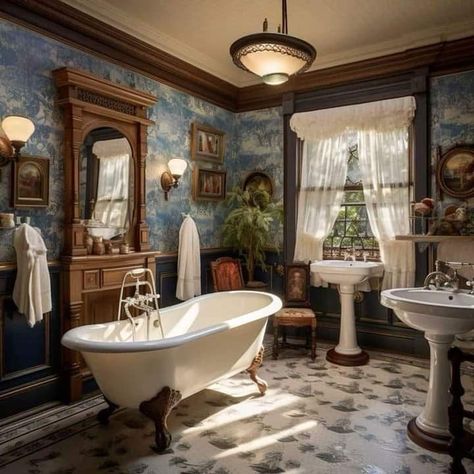 1850s Aesthetic House, Victorian Homes Bathroom, Victorian Era Homes Interiors, Victorian Home Bathroom, Victorian Homes Interior Living Room, Blue Vintage Bathroom, Princess Apartment, Victorian Home Design, Sims Interior