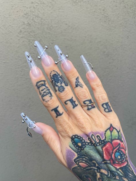 Pierced nails Nail With Piercing, Piercing Nails Art Designs, Nail Piercing Jewelry, Pierced Nails Acrylic, Nail Piercing Acrylic, Nude Aura Nails, Nails With Piercing, Pierced Nails, Piercing Nails