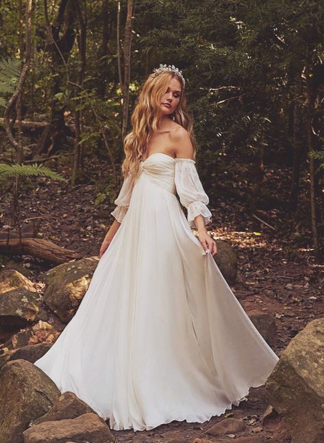 Catherine Deane Bridal, Long Sleeve Wedding Dress Boho, Walking On Water, Boho Wedding Dresses, Garden Wedding Dresses, Golden Goddess, Dresses Formal Elegant, Chiffon Gown, Long Wedding Dresses