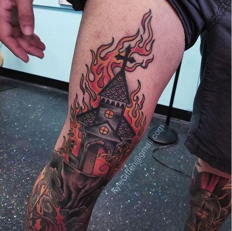 Burning Church Drawing, Burning House Tattoo, Burning Church Tattoo Design, Burning Tattoo, Burn Tattoo, Church Tattoo, Burning Church, Satanic Tattoos, Neo Tattoo