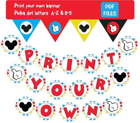 Mickey Mouse banner DIY Instant Download Letters a-z numbers 0-9 ... Mickey Mouse Banner Printable Free, Free Mickey Mouse Printables, Mickey Mouse Birthday Banner, Mickey Mouse Banner, Minnie Mouse Clubhouse, Mickey Mouse Printables, Mickey Mouse Birthday Decorations, Bday Themes, Mickey First Birthday