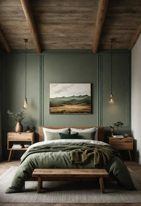 29 Sage Green Bedroom Ideas to Transform Your Space into an Oasis 24 Bedroom With Dark Green Bedding, Earthy Green Bedroom Ideas, Cozy Bedroom Accent Wall, One Green Wall Bedroom, Dark Brown And Green Bedroom, Deep Green Room, Dark Green Master Room, Sage Green Master Room, Cosy Green Bedroom