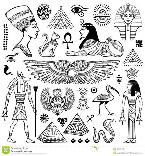 Set Of Vector Egypt Symbols Stock Vector - Illustration of ancient, icon: 53679403 Symbols And Their Meanings, Starověký Egypt, Egiptul Antic, Egypt Tattoo, Kunst Tattoos, Ancient Egypt Art, Egyptian Tattoo, Egyptian Symbols, 흑백 그림