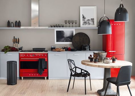 Red Fridge Kitchen, Red Fridge, Red Refrigerator, Smeg Kitchen, My Kitchen Rules, 50's Style, Clean Slate, Tiny House Interior, Red Kitchen