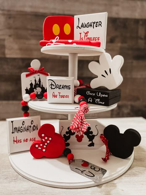 Mickey Tiered Tray Decor, Mickey Mouse Tiered Tray, Disney Crafts To Sell, Disney Tiered Tray, Disney Tiered Tray Decor, Disney Kitchens, Diy Disney Decor, Disney Interior, Tier Tray Decor Ideas