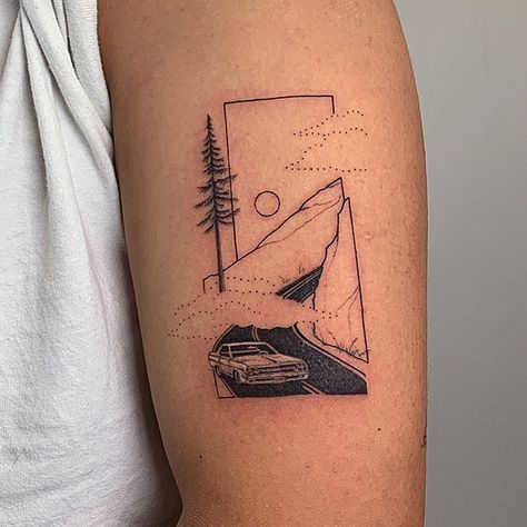 Landscape Frame Tattoo, Seashore Tattoo, Denmark Tattoo, Building Tattoo, Square Tattoo, Back Of Arm Tattoo, Framed Tattoo, Forearm Band Tattoos, Wrist Tattoos For Guys