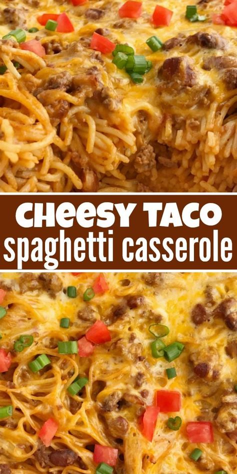 Taco Spaghetti Casserole, Spaghetti Casserole Recipe, Ground Beef Chili, Taco Spaghetti, Chili Beans, Spaghetti Casserole, Diner Recept, Cheesy Pasta, God Mad