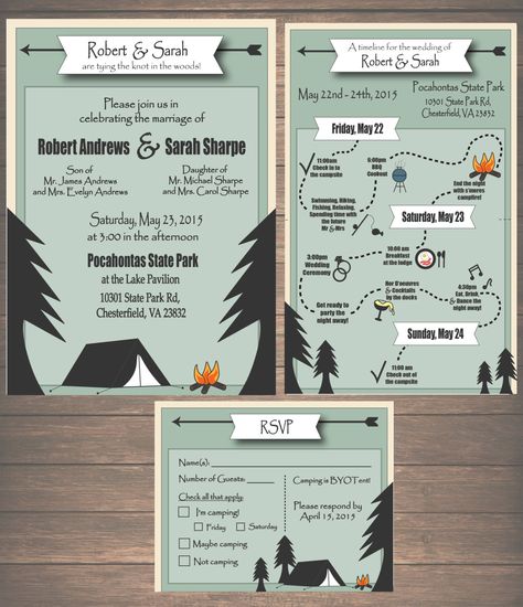 Wedding Reception Schedule, Camping Wedding Invitations, Wooded Wedding, Wedding Checklist Printable, Marriage Celebration, Campground Wedding, Camping Wedding, Summer Camp Wedding, Wedding Invitation Kits