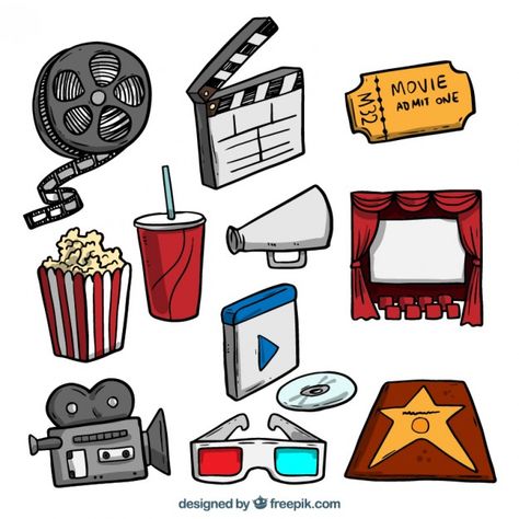 Cinema Drawing, Film Drawing, Movie Clipart, Deco Cinema, Vintage Cover, Free Hand Drawing, Bullet Journal Stickers, Bullet Journal Doodles, Vector Hand