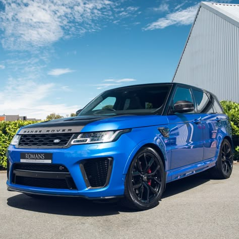 Feeling a little blue? 💙 Our latest Range Rover SVR should be able to help! 😜 Finished in the stunning SVO Premium Palette 'Velocity Blue' Ultra Metallic Paint (£4,500) and optioned with the  SVR Carbon Fibre Pack (£6,225) this is not one to be missed! #RangeRoverSVR #VelocityBlue #RomansInternational Blue Car Aesthetic, Blue Range Rover, Blue Vehicles, Iron Man Face, Range Rover Svr, Fastest Car, Used Land Rover, Blue Cars, Mustang Wallpaper