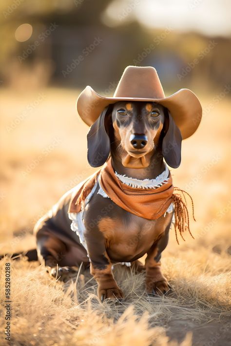 Dog Wearing Cowboy Hat, Hat And Bandana, Portraits Painting, Dog Portraits Painting, Dog Photoshoot, Dachshund Art, Wearing A Hat, Dachshund Dog, Cowboy Hat