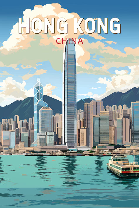 Vintage-style poster showcasing the dynamic cityscape of Hong Kong, China, perfect for adding a touch of urban nostalgia to your decor. Hong Kong Print, Retro Hong Kong, China Poster, Hong Kong Art, Explore China, Travel Poster Design, Global City, Hong Kong Travel, Retro Travel Poster