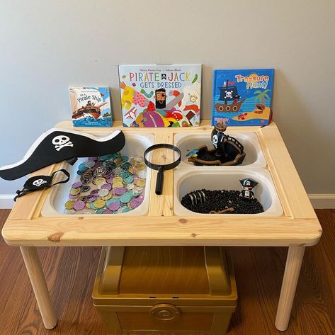 Bins & Books | Christy’s Instagram profile post: “Ahoy there matey! 🏴‍☠️ I knew my then 2yo daughter would enjoy pretend play as a pirate, so I put together this fun setup for Talk Like a…” Pirate Sensory Bin, Sensory Projects, Pirate Toys, Ikea Table, Pirate Day, Teaching Colors, Sensory Table, Messy Play, Play Book